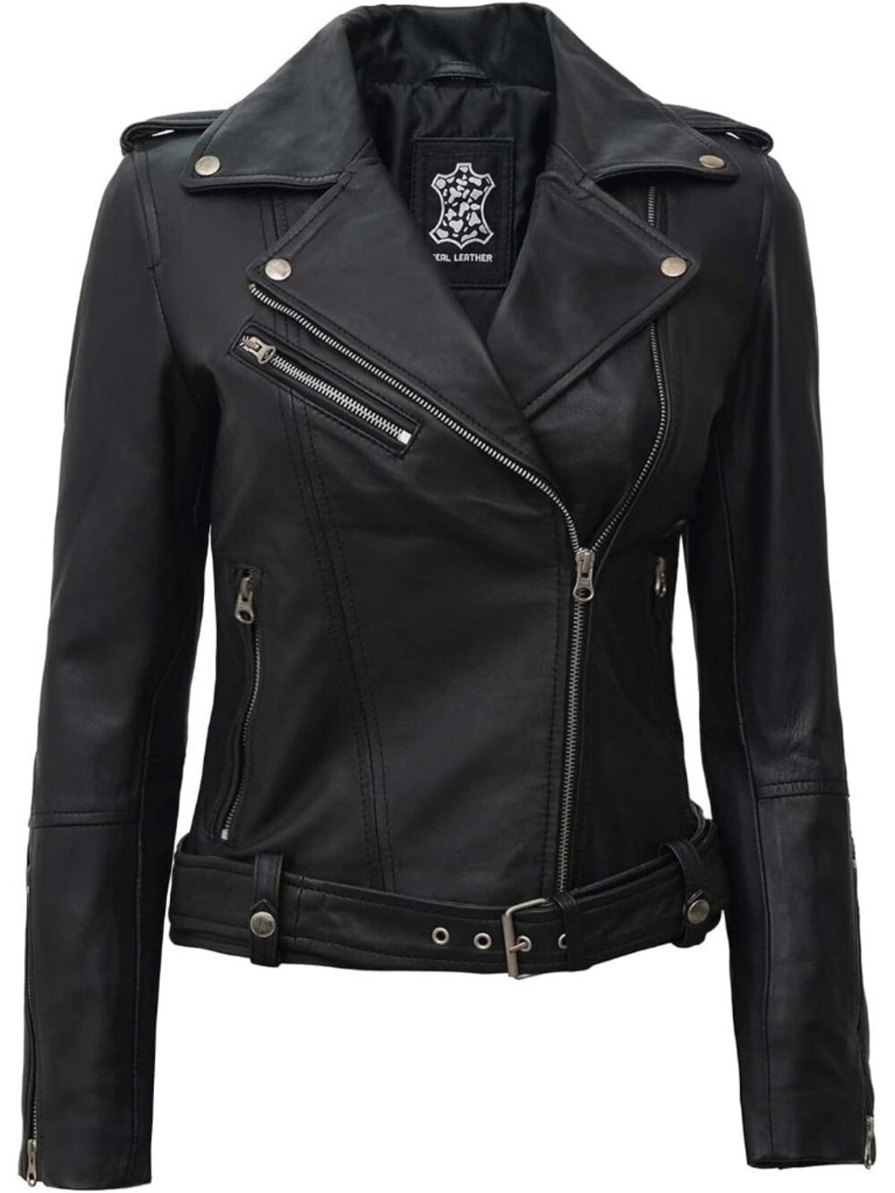 Women’s Black Leather Coat Shirt Collar Long Jacket Classic Stylish Outerwear